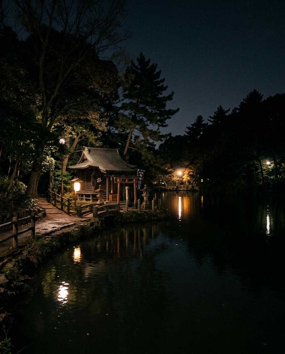 夜の池のほとりに、小さなお社の灯りが映っている