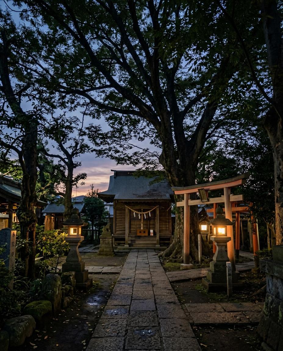 夕暮れの神社の参道。石畳の先に社殿と鳥居